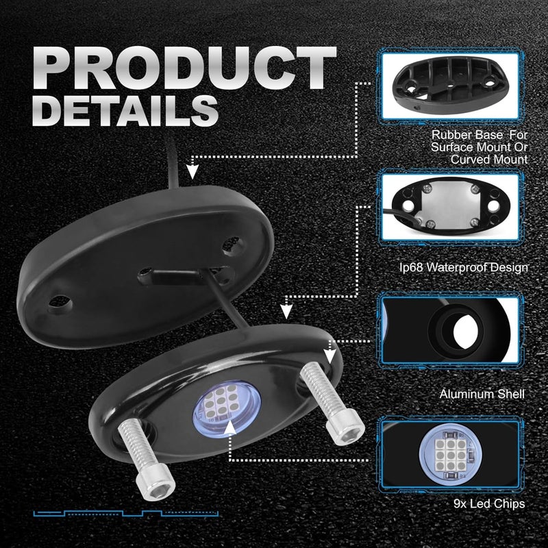 LY8 12 Pods Blue LED Rock Lights Neon Underglow Light for Car Truck ATV SUV Under Body Glow Light Trail Fender Lighting - Image 2
